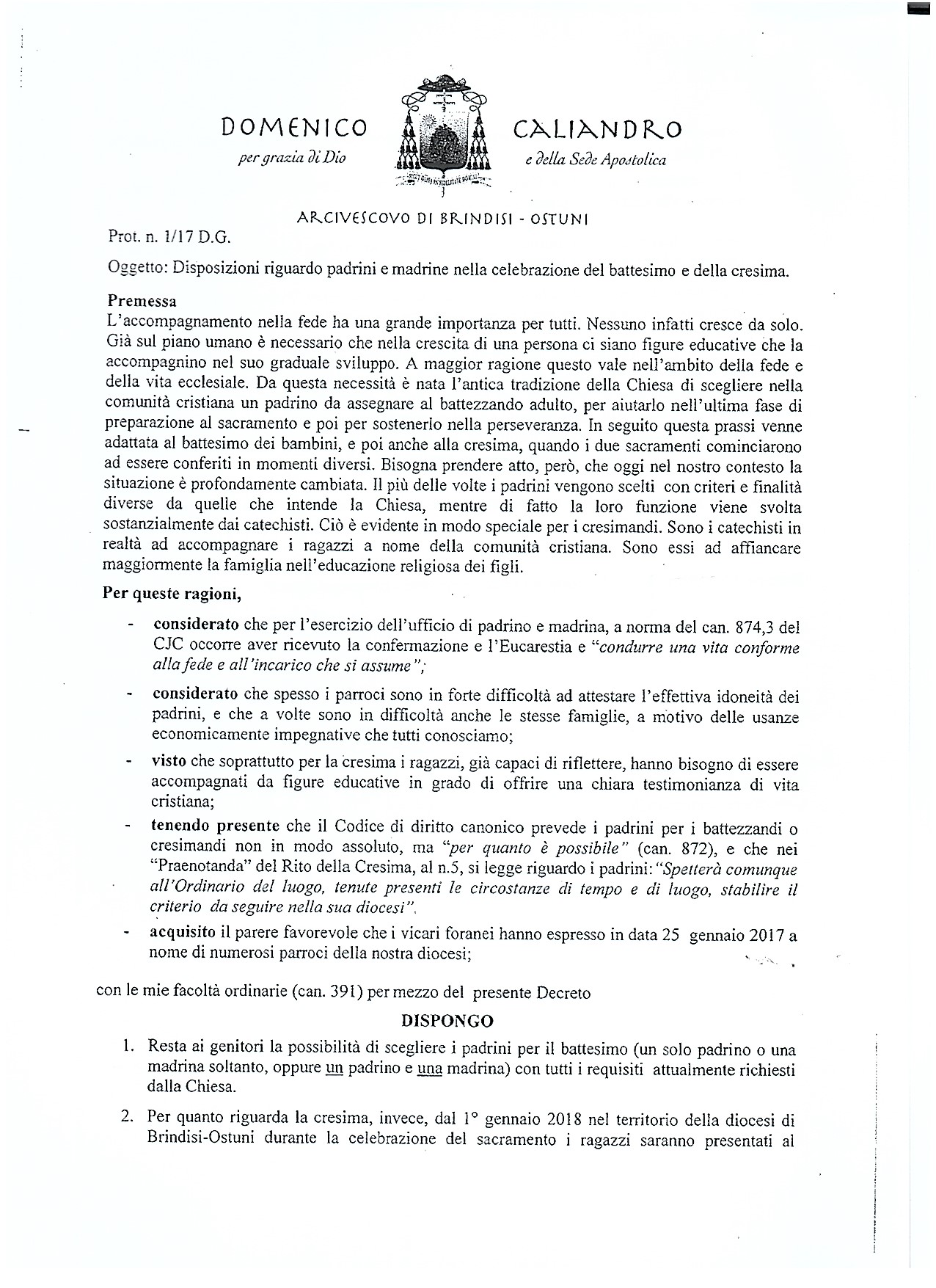 Dal 18 Niente Piu Padrini Ne Madrine Per I Cresimandi Decreto Dell Arcivescovo Parrocchia Di S Lorenzo Da Brindisi Brindisi Sant Elia